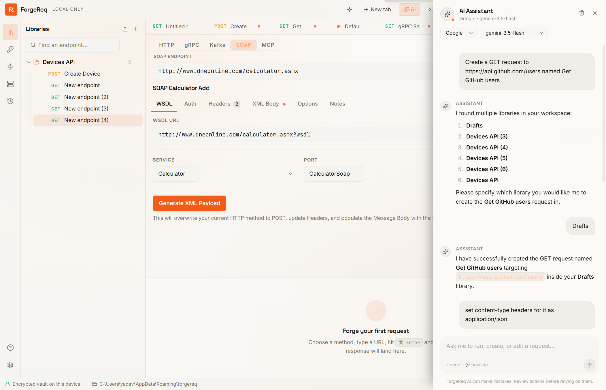 ForgeReq AI Assistant chat interface
